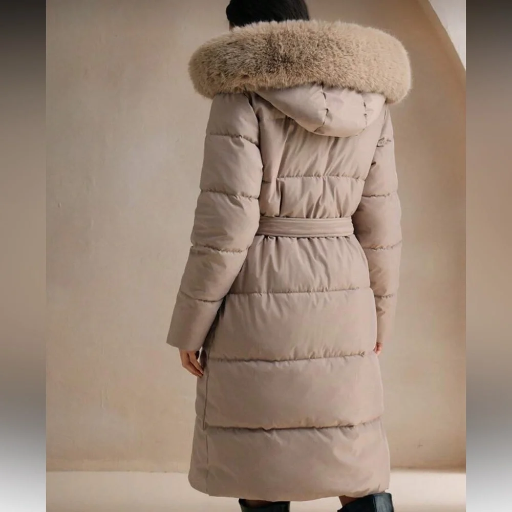 Faux fur lined hooded quilted puffer jacket long full length coat belted black - Picture 9 of 13